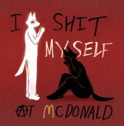 anarchy_symbol anonymous_artist anthro black_body bodily_fluids burger canid canine canis covering covering_self crying feces feces_on_body feces_on_butt food holding_object male male_only mammal mcdonald's parody sitting solo_focus solo_male tail tears text white_body wolf