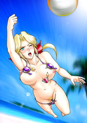 beach_volleyball bikini blonde_hair blue_eyes bow breasts dancer dead_or_alive dead_or_alive_xtreme_beach_volleyball hairbow helena_douglas kitamura_(bamboo) large_breasts long_hair pointy_chin pubic_hair pussy swimsuit uncensored venus_bikini volleyball wardrobe_malfunction