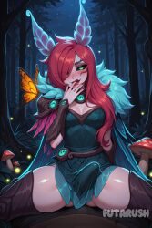 1futa ai_generated blush breasts bug bulge butterfly cape cleavage elderwood_xayah erection erection_under_clothes forest futanari futarush green_eyes hair_over_one_eye intersex laughing league_of_legends long_hair looking_at_viewer mushroom nature night outdoors patreon patreon_username red_hair riot_games solo_focus spread_legs sultryspark thighhighs tree xayah