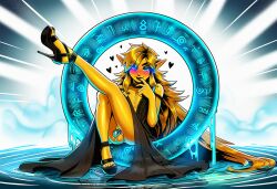 ai_art ai_generated bare_legs black_hair black_lipstick black_nails black_toenails blue_eyes blush caged_cock chastity_cage choker clouds colored_skin crossdressing dress dripping earrings elf_ears extremely_long_hair femboy feminine_male feminization fingerless_gloves golden_hair heart heels legs_together lifting_leg link lipstick long_dress looking_at_viewer makeup male nintendo novelai open_dress ring ripples seductive_look seductive_smile sheikah sissy smirk sole_male sweat the_legend_of_zelda trap water_ripple