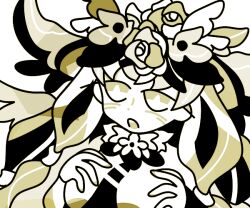 angel bad_id bad_twitter_id bare_shoulders censored chaos_therese_(grimms_notes) detached_sleeves female flower grimms_notes hair_flower hair_ornament holding_own_breasts long_hair monochrome multiple_wings neck_flower open_mouth paizuri penis shokushuq simple_background solo_focus teeth upper_body upper_teeth_only white_background wings