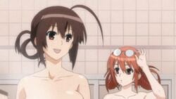 animated bouncing_breasts breasts brown_eyes brown_hair glasses huge_breasts jiggle large_breasts lowres matsu_(sekirei) medium_breasts musubi nipples nude orange_eyes orange_hair screencap sekirei small_breasts uncensored