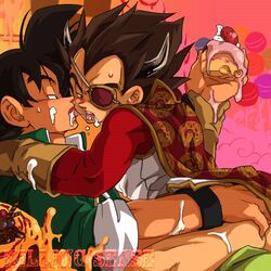 2boys ass ass_grab cake cosplay cream cum dragon_ball dragon_ball_z eye_patch food french_kiss gay horns killing_sense kissing male male_only son_goku straight_hair vegeta yaoi