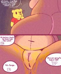 absurd_res animate_inanimate anthro anus ass bear belly big_breasts bodily_fluids bottomless breasts brown_body clothed clothing comic comic_panel digital_drawing_(artwork) digital_media_(artwork) disney dripping duo english_text female food food_fetish food_play fur genital_fluids genitals hi_res honey_(food) jellybeankofi kanga kangaroo living_plushie macropod male male/female mammal marsupial mature_female nude plushie plushophilia pooh_bear pussy shirt simple_background stitch_(sewing) tail text thick_thighs topwear vulva winnie_the_pooh_(franchise) yellow_body