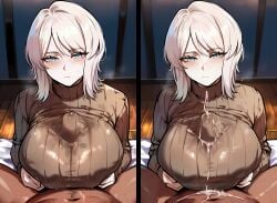 ai_generated big_breasts blue_eyes blush boobjob breast_focus breast_press breasts clothed clothed_female clothed_female_nude_male cum cum_between_breasts cum_shot cum_under_clothes dark-skinned_male dark_skin ejaculation ejaculation_between_breasts eye_contact faust_(limbus_company) genlation huge_breasts interracial large_breasts light_blue_eyes limbus_company paizuri paizuri_under_clothes pale-skinned_female pale_skin panels pov pov_crotch pov_eye_contact project_moon ribbed_sweater semen skin_contrast sweater tagme titfuck_under_clothes titjob two_panel_image wet_clothes white_hair
