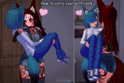 2girls 3d 3d_(artwork) animal_ears ass bedroom big_breasts blue_eyes blue_hair blush breasts carrying_partner cat_mouth female flyingcookie fox_ears fox_girl fox_tail happy heart jeans_shorts kemonomimi koikatsu long_fingernails long_hair one_eye_covered open_mouth oppai original original_character red_body red_eyes red_hair sfw shirt short_hair spiked_collar stockings tattoo tattoo_on_arm tattoo_on_chest tattoo_on_face tattoo_on_legs tattooed_arm tattoos text watermark wholesome yuri