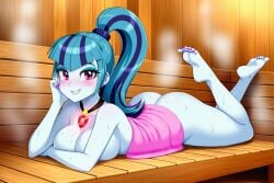1girls ai_generated ass barefoot big_breasts breasts equestria_girls feet feet_up female female_only friendship_is_magic hasbro high_ponytail large_breasts looking_at_viewer lying lying_on_stomach my_little_pony nai_diffusion nail_polish novelai pink_nails ponytail posing prone sauna siren_gem smile solo solo_female sonata_dusk stable_diffusion sweat the_pose thighs