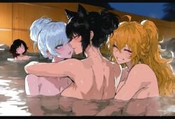 4girls ai_generated black_hair blake_belladonna blonde_hair convenient_censoring huge_breasts implied_cheating implied_yuri kizirugai large_breasts leaning_forward looking_at_another meme onsen partially_submerged ruby_rose rwby shy small_breasts smile tagme weiss_schnee white_hair yang_xiao_long