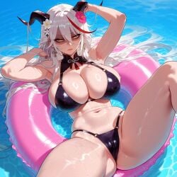1girls aegir_(azur_lane) ai_generated alternate_costume angry annoyed armpits arms_up ass azur_lane balecxi bare_shoulders bikini black_bikini black_swimsuit blush breasts cameltoe cleavage closed_mouth clothing covered_nipples cross curvaceous curvaceous_female curvaceous_figure curvy curvy_figure day demon_horns earrings female female_focus flower frown glaring groin hair_between_eyes hair_flower hair_flowing_over hair_on_horn hair_ornament hair_spread_out hand_in_own_hair highleg horns huge_breasts innertube jewelry large_breasts lips long_hair looking_at_viewer lying multicolored_hair narrowed_eyes navel o-ring o-ring_bikini official_alternate_costume on_back outdoors partially_submerged partially_visible_vulva pink_flower plump presenting presenting_ass presenting_breasts presenting_hindquarters presenting_pussy presenting_self red_hair scowl shaded_face shiny_clothes shiny_skin sideboob skindentation slit_pupils solo spread_legs stomach streaked_hair swim_ring swimsuit thick_thighs thighs thong_bikini two-tone_hair v-shaped_eyebrows very_long_hair voluptuous voluptuous_female water wet white_flower white_hair yellow_eyes