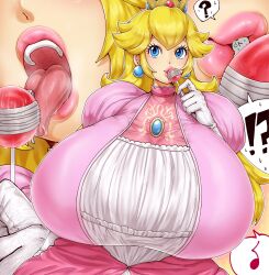 1ambiguous 1girl 2d clothed_female color crown dress giantess gloves grey_skin ham121ham kissing larger_female licking lollipop mario_(series) massive_breasts mouthplay plump_lips princess_peach size_difference smaller_male steaming_breath tied_to_lollipop