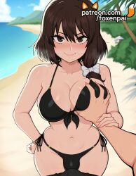 1boy 1futa 2025 ai_generated artist_name bangs beach big_breasts big_chest bikini black_bikini blue_sky blush bow breast_grab breasts brown_eyes brown_hair bulge bust busty chest closed_mouth cloud cloudy_sky day foxenpai front-tie_top futanari grabbing groping guided_breast_grab hairbow hi_res high_quality high_resolution highres large_breasts looking_at_viewer navel ocean outdoors palm_tree patreon patreon_username pov renko_usami sand shore side-tie_bikini side-tie_panties sky smile stable_diffusion sweat swimsuit touhou tree watermark