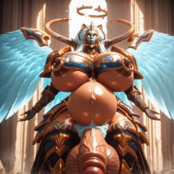 ai_generated angel_wings armor blue_eyes broken_halo darksiders excessive_pubic_hair flaccid flying futanari huge_breasts huge_cock mask nipple_rings pregnant pride_(darksiders) tattoo voluptuous white_hair