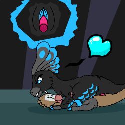 big_dom_small_sub black_body black_feathers blue_claws blue_eyes blue_heart blue_vulva brown_body brown_feathers claws close-up close_up_panel closed_eyes digital_media_(artwork) dinosaur dominant dominant_female dromaeosaurid duo erik_(therealmessyroomguy1) feathered_dinosaur feathered_scalie feathers female female_dominating_male feral genital_close-up genitals green_ground grey_background grey_body grey_claws grey_feather_hair grey_feathers head_feather head_feathers hi_res interspecies larger_female lumina_(therealmessyroomguy1) male male/female penis penis_close-up pink_penis pixel_(artwork) prehistoric_species pussy_close-up reptile saurischian saurornithoides scalie sex sickle_claw simple_background size_difference smaller_male smile submissive submissive_male therealmessyroomguy1 theropod toe_claws vulva