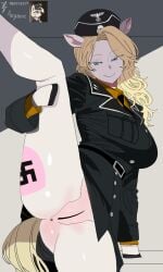 alternate_version_at_source alternate_version_available anthro anthrofied anus artist_signature aryanne_(character) aryanne_(mlp) black_tie blonde_female blonde_hair blue_eyes bottomless brown_shirt holding_up_leg hooves horse horse_ears horse_girl horse_tail humanoid m0r14rt7 my_little_pony nazi nazi_uniform non-human one_leg_up presenting_pussy racism solo solo_female ss_uniform swastika umamusume