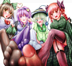 1boy 4girls artist_request big_breasts black_legwear blush bow braided_twintails breast_size_difference breasts brown_hair cameltoe censored dress dress_lift erect_nipples erect_nipples_under_clothes feet female femdom footjob footjob_with_legwear green_eyes green_hair koishi_komeiji large_breasts legwear looking_at_viewer looking_down male male_pov mosaic_censoring multiple_footjob multiple_girls open_mouth orange_eyes orange_hair panties panties_visible_through_clothing pantyhose pantyshot pantyshot_(standing) penis pink_panties pov purple_eyes purple_hair purple_legwear purple_thighhighs rin_kaenbyou satori_komeiji short_hair skirt skirt_lift small_breasts standing standing_footjob stockings striped_panties submissive_pov teamwork thighhighs toes tongue touhou utsuho_reiuji white_background white_legwear white_panties white_thighhighs yellow_eyes