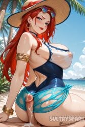 1boy ai_generated armlet ass beach blue_eyes blue_sky blush bracelet breasts buttjob cum day earrings erection eyewear_on_head female futarush hat hoop_earrings jewelry large_breasts league_of_legends long_hair looking_at_viewer looking_back miss_fortune one-piece_swimsuit outdoors palm_tree patreon patreon_username penis pool_party_miss_fortune red_hair riot_games sarah_fortune see-through sky smile solo_focus straight sultryspark sun_hat sunglasses swimsuit tree uncensored wet
