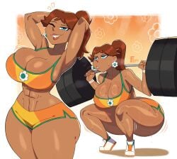 1girls abs adjusting_hair armpits arms_up barbell big_breasts blue_eyes breasts brown_hair cleavage clothing crop_top crouching ear_piercing earrings female female_only flower_earrings freckles hands_behind_head mario_(series) nintendo piercing png ponytail pose posing princess_daisy shoes shorts showing_off solo sports_bra squatting sweat sweatdrop sweaty_body sweaty_breasts thick_thighs thunder_thighs weightlifting wide_hips wink winking_at_viewer workout workout_clothes zrfurious