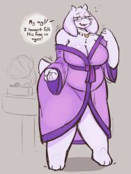 anthro belly big_belly big_breasts blush boss_monster_(undertale) bovid bovine breasts bubble caprine clothed clothing crumbleferret deltarune dialogue digital_media_(artwork) drunk drunk_bubble english_text eyelashes eyewear female floppy_ears fur glasses goat gramophone hi_res horn huge_breasts jewelry long_ears looking_at_viewer mammal mature_anthro mature_female necklace open_mouth purple_clothing record_player robe robe_only simple_background smile solo speech_bubble substance_intoxication tail talking_to_viewer text thick_thighs toriel undertale undertale_(series) undressing wearing_glasses white_body white_fur