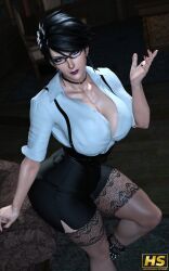 1girls 3d ass bayonetta bayonetta_(character) bayonetta_2 beauty_mark big_ass big_breasts black_hair breasts bursting_breasts cleavage earrings female female_only glasses hagiwara_studio makeup overflowing_breasts skimpy skimpy_clothes solo thick_thighs