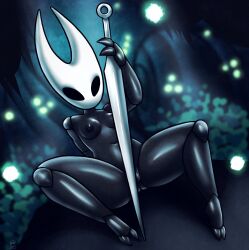 1girls 2_horns alternate_body_type alternate_breast_size arthropod artist_name big_ass big_breasts big_butt black_body black_skin breasts bubble_ass bubble_butt bug bug_girl drakkonborne female female_only hollow_knight hollow_knight:_silksong hornet_(hollow_knight) large_ass large_breasts large_butt silksong spread_legs weapon