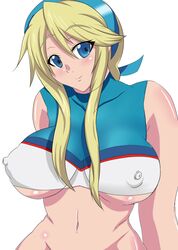 blush breasts cheerleader cleavage heroman high_resolution large_breasts lina_davis nipples pointy_chin smile