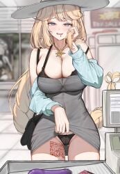 1girls absurd_res alternate_costume aqua_jacket ass_visible_through_thighs black_bra black_panties blonde_hair blue_eyes blush bow_panties bra bra_peek braid breasts cameltoe cashier cleavage collarbone condom convenience_store cowboy_shot dongtan_dress dress dress_lift dress_shirt female female_only goddess_of_victory:_nikke grey_dress hat heart-shaped_pupils huge_breasts ko_uniii lifted_by_self looking_at_viewer necklace off_shoulder open_mouth panties pervert poster purse qr_code rapunzel_(nikke) sex_toy skindentation smile solo solo_female underwear very_long_hair vibrator