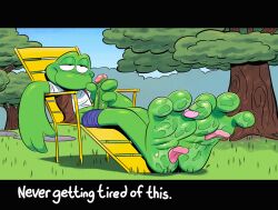 amphibian big_feet bodily_fluids corruption deepcreases feet foot_fetish foot_lick foot_play frog frogger frogger_(character) green_body half_clothed hi_res konami licking male masturbation on_model public_masturbation solo sweat tongue