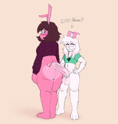 2025 anthro aroused ass balls big_butt big_penis blush bodily_fluids bottomless bovid caprine closed_eyes clothed clothing crop_top deltarune duo female femboy fembunns fembunns_(character) genital_fluids genitals goat half-erect hands_on_hips lagomorph larger_female leaking_precum leporid looking_back male male/female mammal partially_clothed penis penis_on_butt precum rabbit ralsei shirt simple_background size_difference smaller_male standing tail text thick_thighs topwear trans_(lore) trans_woman_(lore) undertale_(series) wide_hips