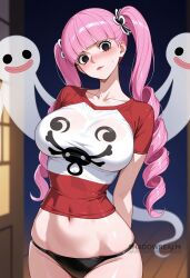 ai_generated arms_behind_back black_eyes black_panties blunt_bangs blush breasts closed_mouth collarbone cosplay covered_navel cowboy_shot crop_top cropped_shirt drill_hair eyelashes female ghost hair_ornament head_tilt indoors large_breasts long_hair looking_at_viewer midriff navel no_pants one_piece panties perona pink_hair raglan_sleeves red_shirt shadowrealmarts shirt short_sleeves solo stomach sweatdrop t-shirt taut_clothes taut_shirt thighs tight_shirt twin_drills twintails two-tone_shirt uncensored underwear web_address