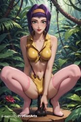 1girl ai_generated artist_name bare_arms bare_shoulders blush boots breasts clothing_aside collarbone cowboy_bebop crop_top day dildo dildo_in_pussy dildo_insertion dildo_riding faye_valentine female female_masturbation flower full_body green_eyes hairband hi_res high_heels lips lipstick looking_at_viewer makeup masturbation medium_breasts midriff navel no_shoes object_insertion open_fly outdoors patreon_username pink_thighhighs plant progenarts purple_hair pussy red_lips sex_toy shirt short_hair short_shorts shorts sleeveless sleeveless_shirt smile solo spread_legs squatting stomach suspender_shorts suspenders thigh_boots thighhighs tiptoes vaginal_insertion vaginal_masturbation vaginal_penetration web_address yellow_hairband yellow_shirt yellow_shorts