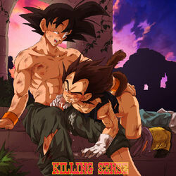 2boys after_sex anal_fingering ass boner cum cumshot dragon_ball dragon_ball_z erection fingering gay injury killing_sense male male_only multiple_boys son_goku straight_hair tail topless vegeta wounds yaoi