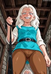 1boy 2girls ai_generated ass_visible_through_thighs belt belt_buckle black_belt blue_eyes blush breasts brick_wall brown_pants buckle clenched_hand clothing collarbone disenchantment evil_grin evil_smile female femdom freckles from_below grin holding holding_leash indoors jousneystudio leash leash_pull lolicon long_hair long_sleeves looking_at_viewer looking_down medium_breasts multiple_girls netflix pants patrreon princess_tiabeanie scared shirt small_breasts smile solo_focus standing teeth thick_eyebrows trembling white_hair