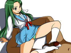 balls censored clothed_female_nude_male dark-skinned_male dark_skin feet female footjob footjob_with_legwear footwear green_hair green_panties looking_down male mosaic_censoring panties pantyshot penis school_uniform skirt sockjob socks suzumiya_haruhi_no_yuuutsu testicles tsuruya white_legwear white_socks