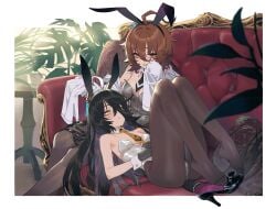 2girls agnes_tachyon_(umamusume) ahoge black_hair blush brown_hair bunny_ears bunnysuit detailed_background expressionless feet female female_only gloves hair_between_eyes high_heels labcoat long_hair looking_at_viewer manhattan_cafe_(umamusume) medium_breasts medium_hair necktie on_back pantyhose playboy_bunny red_eyes sarcophage sitting sleeves_past_wrists smile sofa umamusume umamusume_pretty_derby wrist_cuffs yellow_eyes