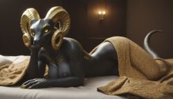 ai_generated anthro anthroguy anthropomorphic beautiful bedroom big_breasts black_scales breasts breeding_request capcom curvy_female curvy_figure dragon dragon_girl female flirting flirting_with_viewer gold gold_horns horny horny_female in_bed in_heat inviting_to_sex kulve_taroth laying_down laying_on_bed looking_at_viewer monster monster_girl monster_hunter monster_hunter_world muscular muscular_female nude nude_female realistic scales scalie scalie_female scalie_humanoid scalie_only seductive seductive_look seductive_smile sexy sexy_body sexy_pose tits_out under_covers voluptuous voluptuous_female yellow_eyes