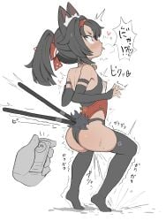 1other absurdres animal_ear_fluff animal_ears ass black_gloves black_hair black_panties black_thighhighs blush breasts bridal_gauntlets cat_ears cat_girl cat_tail commentary controller dashed_eyes female female_ejaculation female_orgasm gloves highres ketsu_juuji_killer_(kejuki) leotard long_hair multiple_tails nekomiya_mana nipple_cutout nipples orgasm panties ponytail remote_control remote_control_vibrator sex_toy small_breasts solo_focus tail thighhighs tiptoes tongue tongue_out trembling two_tails underwear vibrator white_background wide-eyed wireless_sex_toy_controller zenless_zone_zero