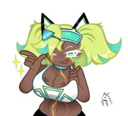 big_breasts breast_press breasts breasts_out cookie_run cookie_run_kingdom golden_cheese_cookie green_hair huge_boobs huge_breasts revealing_clothes tight_clothing