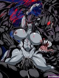 1girls 2boys abs ai_generated bat_wings big_balls big_breasts big_penis black_hair blood_splatter blue_skin breasts cowgirl_position cum cum_in_pussy cum_inside dark_skin demon demon_girl demon_wings devilman devilman_lady female jun_fudo long_hair male monster monster_girl muscular muscular_female muscular_thighs navel nipples red_eyes seductive_look six_pack smile smiling smiling_at_viewer werewolf