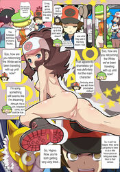 bag bee-j1 bianca_(pokemon) boots censored comic dialogue female game_freak hard_translated highres hilda_(pokemon) human hypno laced_boots makoto_daikichi nintendo oshawott pokemon pokemon_(species) pokemon_bw pokephilia small_breasts speech_bubble text translated