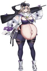1girls aa-12_(girls'_frontline) big_belly black_gloves black_pants bloated_belly blue_eyes breasts candy eyewear_on_head female girls'_frontline girls'_frontline_2:_exilium grey_hair gun helena_z jacket lind_(girls'_frontline_2) looking_at_viewer medium_breasts medium_hair navel open_clothes open_jacket pregnant pregnant_belly pregnant_female purple_gloves purple_pants shotgun simple_background white_background white_jacket