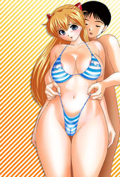 asuka_langley_sohryu bikini blush breasts cameltoe cleavage erect_nipples hi_res highres large_breasts neon_genesis_evangelion nipples okamoto_fujio pointy_chin shinji_ikari swimsuit