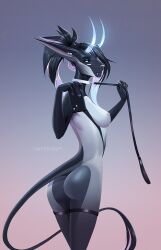 acrador acrador_project anthro ass black_hair black_sclera blue_eyes blue_hair breasts collar collar_only fake_horns fangs female fur grey_body grey_fur hair hi_res horn kindra_(mindmachine) leash leash_pull leashed_collar mindmachine multicolored_hair multiple_piercings nude pawpads piercing pink_hair ponytail slim small_waist smile solo tail teeth white_body white_fur