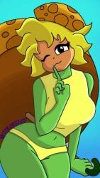 bare_shoulders bikini bikini_bottom blue_background holding_object holding_umbrella large_breasts looking_at_viewer navel panties plant_girl plants_vs_zombies pvzlatam sunflower_(pvz) t-shirt umbrella wink winking_at_viewer yellow_bikini yellow_panties