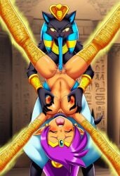 ai_generated black_cat bondage breasts catgirl cunnilingus egyptian egyptian_clothes egyptian_clothing egyptian_female egyptian_headdress egyptian_mythology evil_grin evil_smile feline female furry furry_female grabbed_from_behind grabbing_breast grabbing_breasts hieroglyphics legs_open legs_spread long_tongue long_tongue_penetration nipple_pinch nipple_pinching nipple_tweak nipple_tweaking nipples original_character purple_hair screaming shantae shantae:_half-genie_hero shantae_(character) tan_body tan_skin tan_skinned_female tongue_in_pussy wrapped wraps