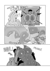 2025 2_horns 4_fingers 4_panel_comic absurd_res against_surface alien alien_humanoid ambiguous_gender anthro areola asking asking_another ass belly big_areola big_breasts big_butt black_eyes bodily_fluids breast_fondling breast_play breast_pull breast_squish breasts breasts_on_glass cascade_(thatonesableye) closed_eyes clothed clothing colored comic curvy_figure demon digital_drawing_(artwork) digital_media_(artwork) duo english_text female fingers fondling front_view glistening glistening_areola glistening_belly glistening_body glistening_breasts glistening_nipples glistening_skin grey_areola grey_belly grey_body grey_breasts grey_nipples grey_sclera grey_skin greyscale hand_on_breast hand_on_nipple hands_behind_head hat headgear headwear hi_res horn horned_humanoid humanoid jubee_(sqoon) light lighting male male/female monochrome navel nipple_fetish nipple_play nipple_pull nipples nude on_glass one_eye_obstructed onomatopoeia open_mouth pointy_ears profanity puwa red_body shaded simple_background smile sound_effects sqoon squish teeth text thick_thighs toothy_grin topwear under_boob voluptuous wide_hips