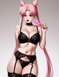 ai_generated big_hips black_lady black_lips bow bra bun chibi_usa chibiusa choker cleavage collarbone cone_hair_bun curvy_hips double_bun female fishnet_thighhighs garter_belt garter_straps goth hair_bun holding_lolipop jewelry kissing_lolipop lace_lingerie large_breasts leaning_foward lingerie lipstick lolipop panties seductive thick_thighs twintails usagi_chiba very_long_hair