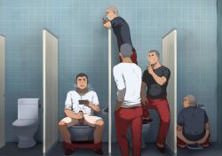 2018 5boys ass balls bar_censor bathroom black_hair blush buzz_cut caught caught_masturbating censored earphones erection gay hairy_anus kemukemuke male male_only masturbation original pants_down paper penis phone precum pubic_hair public_bathroom recording recording_on_phone sanpaku squat_toilet squatting tan_skin tanline textless toilet watching_porn