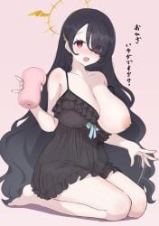 artificial_vagina babydoll bare_shoulders barefoot black_babydoll black_hair blue_archive blush breasts cleavage collarbone covered_navel earrings female hair_over_one_eye halo highres hinata_(blue_archive) holding holding_sex_toy jewelry large_breasts long_hair looking_at_viewer nipples one_breast_out open_mouth red_eyes see-through_clothes sex_toy sitting solo syabadabado thighs translation_request very_long_hair wavy_hair yellow_halo