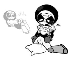 1other billiard_ball brawl_stars clothed clothing grantswag hi_res high_resolution humping humping_pillow machine masturbation meeple meeple_(brawl_stars) monochrome non-human non-human_only nonbinary nonbinary_(lore) simple_background suit tagme white_body white_pupils white_skin