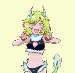 alternate_universe au bfb bfdi bfdia breasts demon_girl fur_trim_(clothing) green_eyes green_hair horns leafy_(bfdi) playful tail two_piece_swimsuit